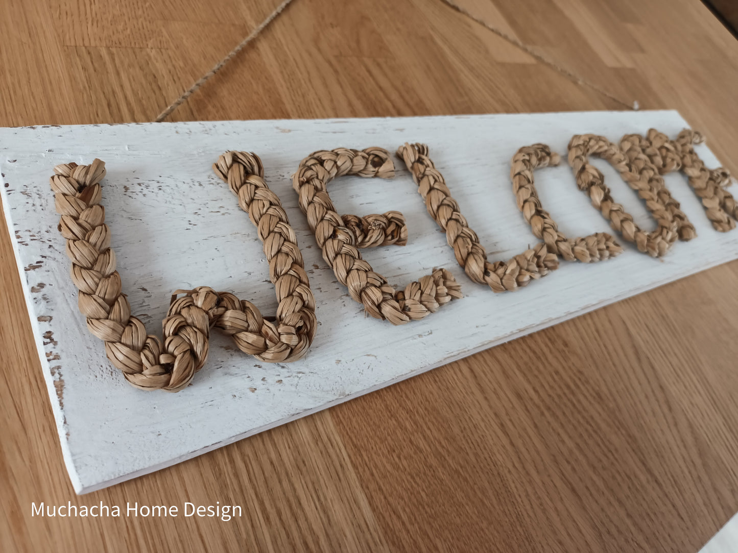 Welcome bord - Handgemaakt - Rieten touw op houten plank