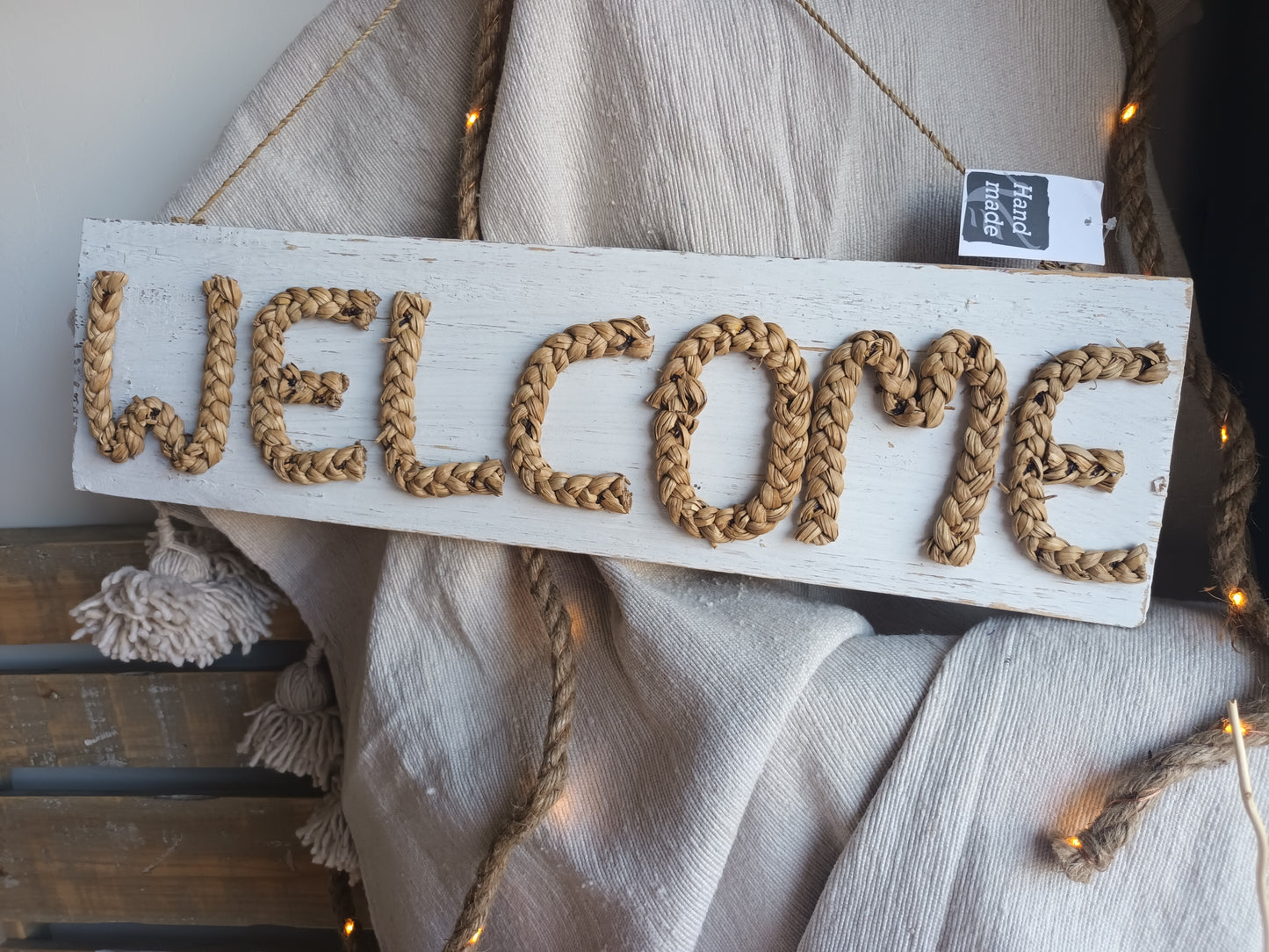Welcome bord - Handgemaakt - Rieten touw op houten plank