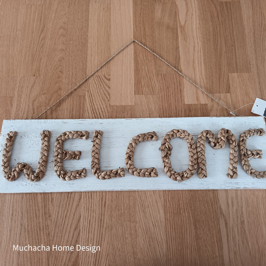 Welcome bord - Handgemaakt - Rieten touw op houten plank