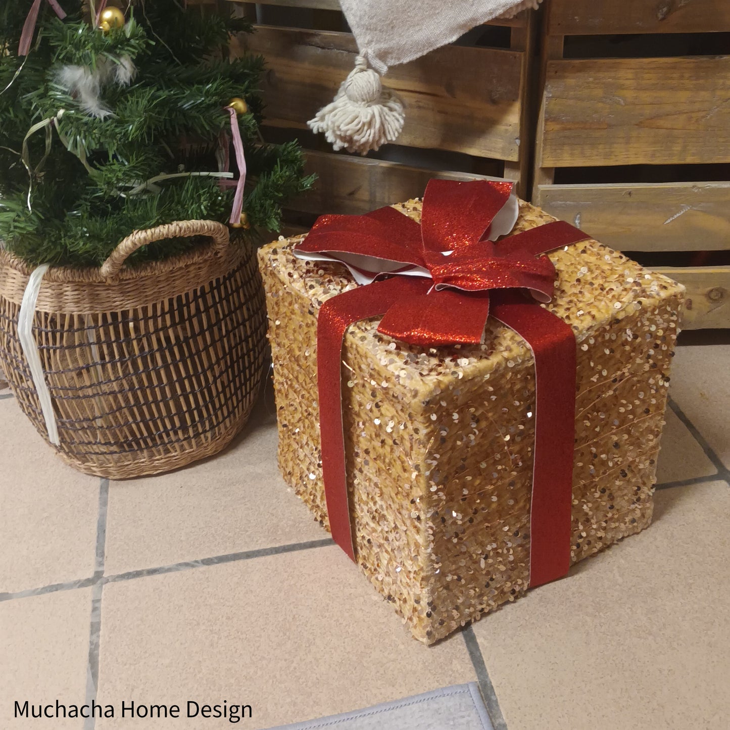 Kerstcadeautjes met ledverlichting rode strik - Op Batterijen - L