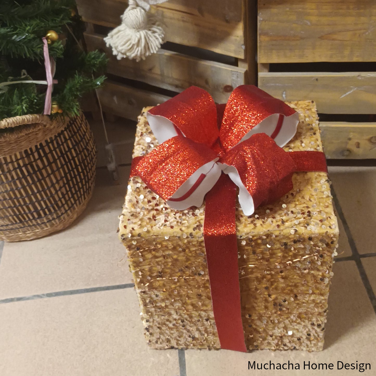 Kerstcadeautjes met ledverlichting rode strik - Op Batterijen - L