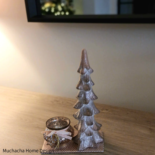 Roze kerstboom met glitters & kaarsenhouder