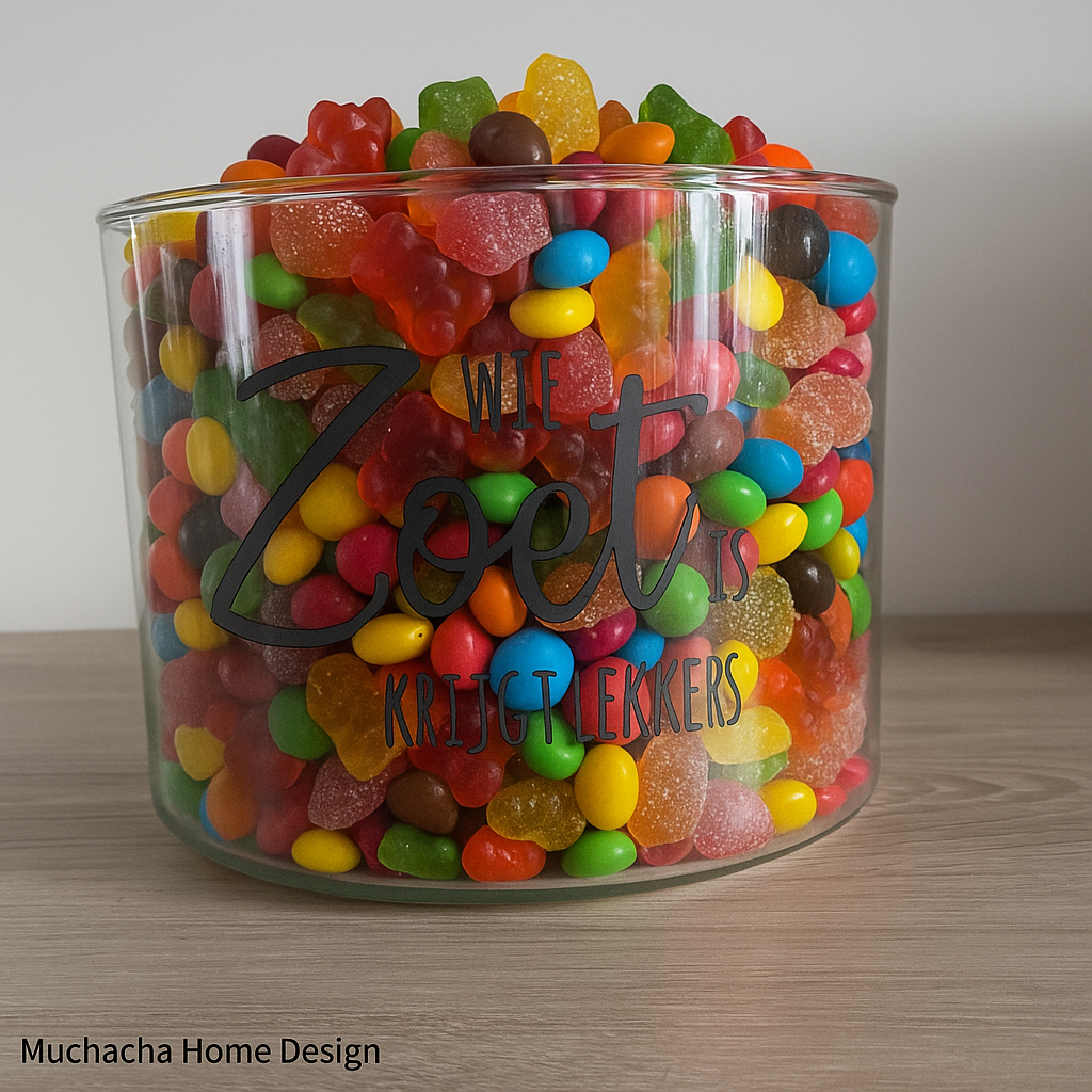 Glazen pot -Wie zoet is krijgt lekkers