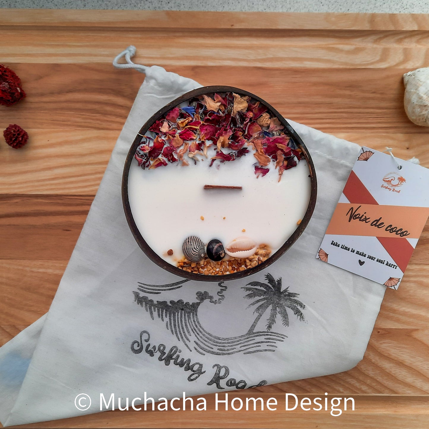 Geurkaars - Met droogbloemen - Kokosschelp - Ecologisch - Handgemaakt